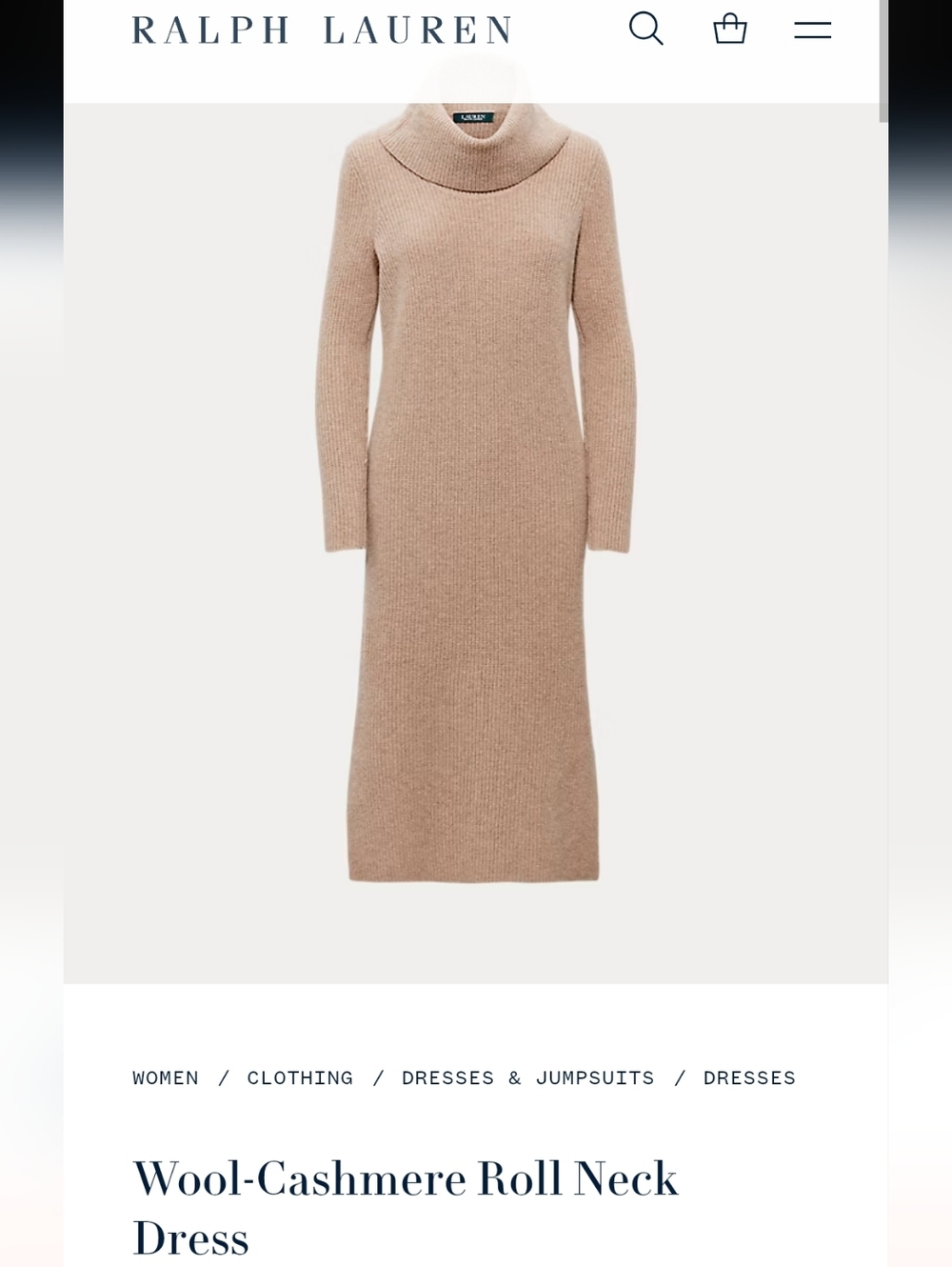Ralph Lauren Camel Wool-Cashmere Roll Neck Midi Dress Sz M